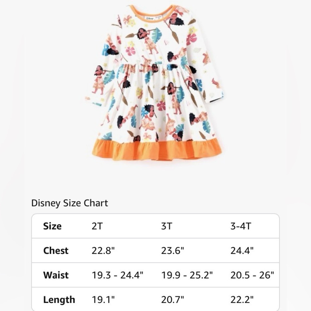 Disney Princess Moana Floral Toddler Girl Dress A Line Long Sleeve Kids Casual - Picture 5 of 8